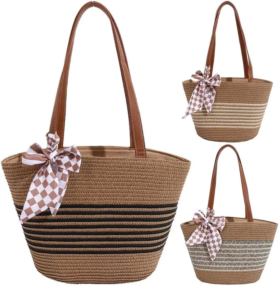 Women's Straw Beach Bag Large Straw Stylish Bow Decorated Rattan Shoulder Bag Top Leather Handle Tote Bag Wallet