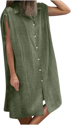 Womens Summer Dresses 2025 Casual Elegant Midi Length Button Down Collared Sundress Beach Cover Up Shirts