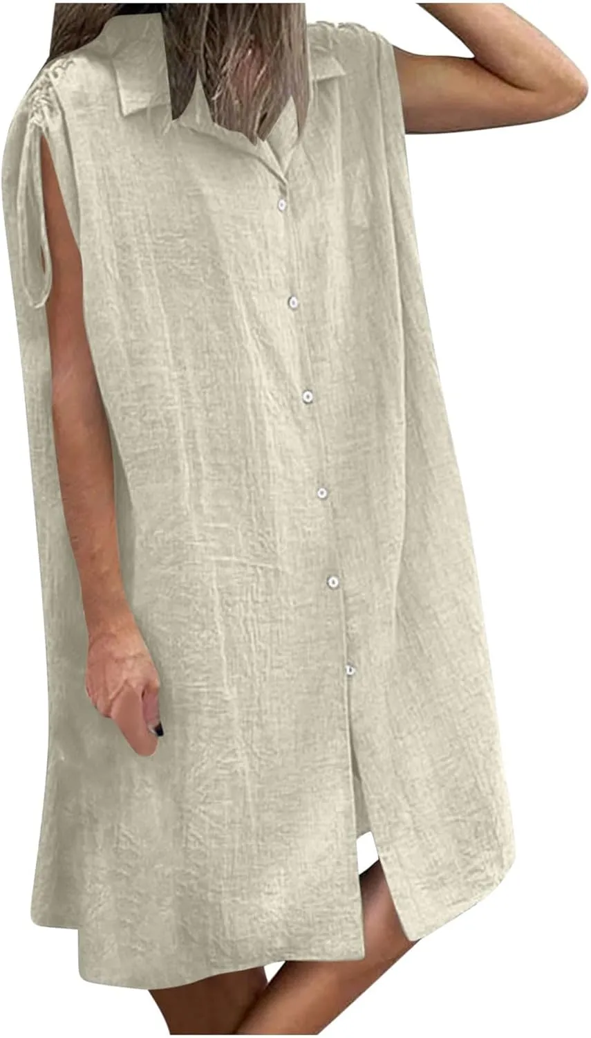 Womens Summer Dresses 2025 Casual Elegant Midi Length Button Down Collared Sundress Beach Cover Up Shirts