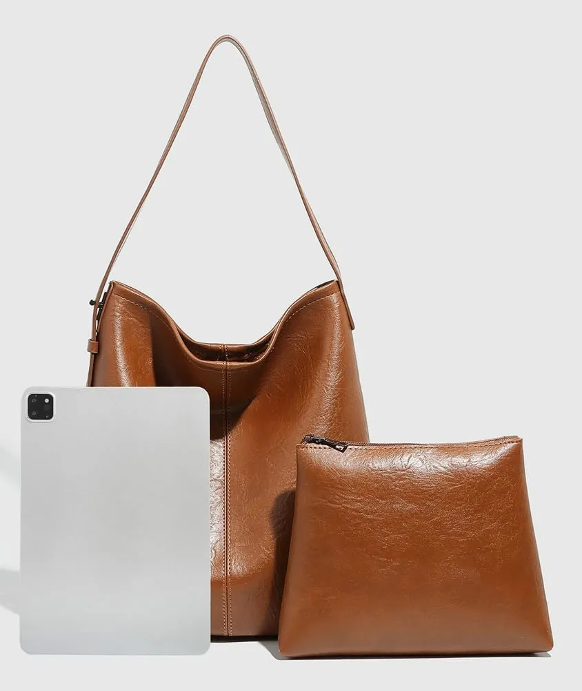 Womens Trendy Shoulder Bags Large Soft Vegan Leather Tote Purse Crossbody Satchel Working Handbags 2pcs