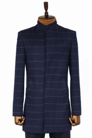 WSS Plaid Standing Collar Navy Blue Men Coat  - Singen