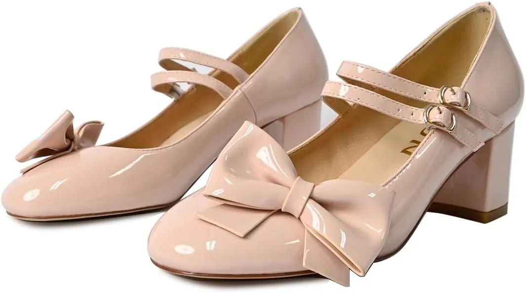 YDN Women Cute Round Toe Block Chunky Heel Mary Janes Double Row Buckle Strap Dress Lolita Pumps Cosplay School Dress Shoes Size 4-15 US