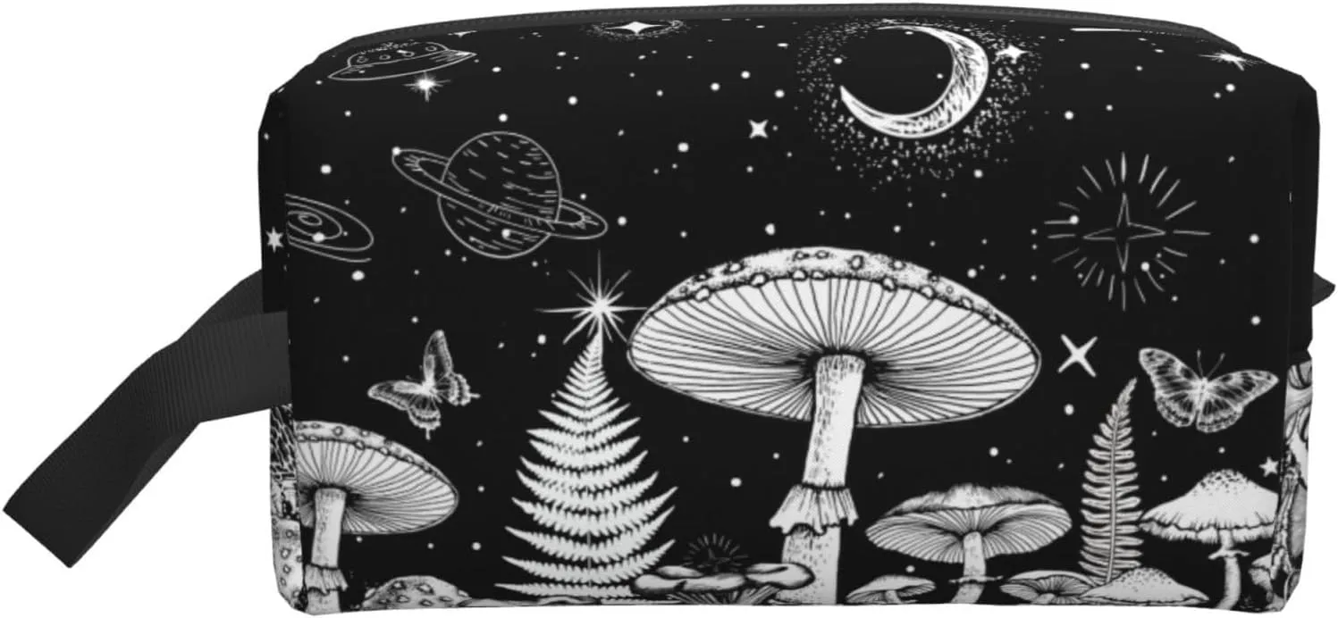 YISHOW Black White Mushroom Travel Makeup Bag Women Cosmetic Bag Adorable Roomy Toiletry Bag With Zipper