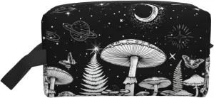 YISHOW Black White Mushroom Travel Makeup Bag Women Cosmetic Bag Adorable Roomy Toiletry Bag With Zipper