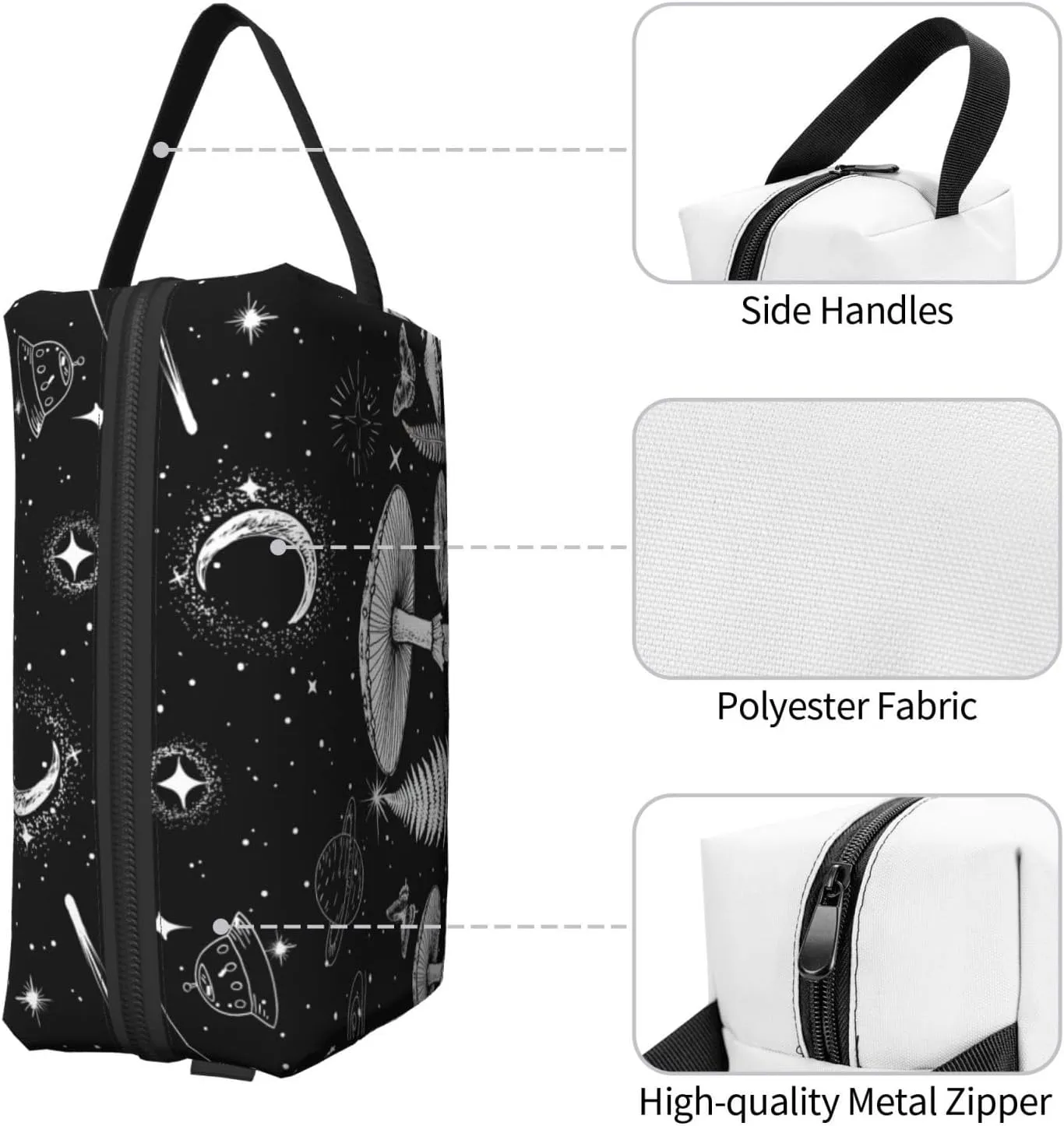YISHOW Black White Mushroom Travel Makeup Bag Women Cosmetic Bag Adorable Roomy Toiletry Bag With Zipper