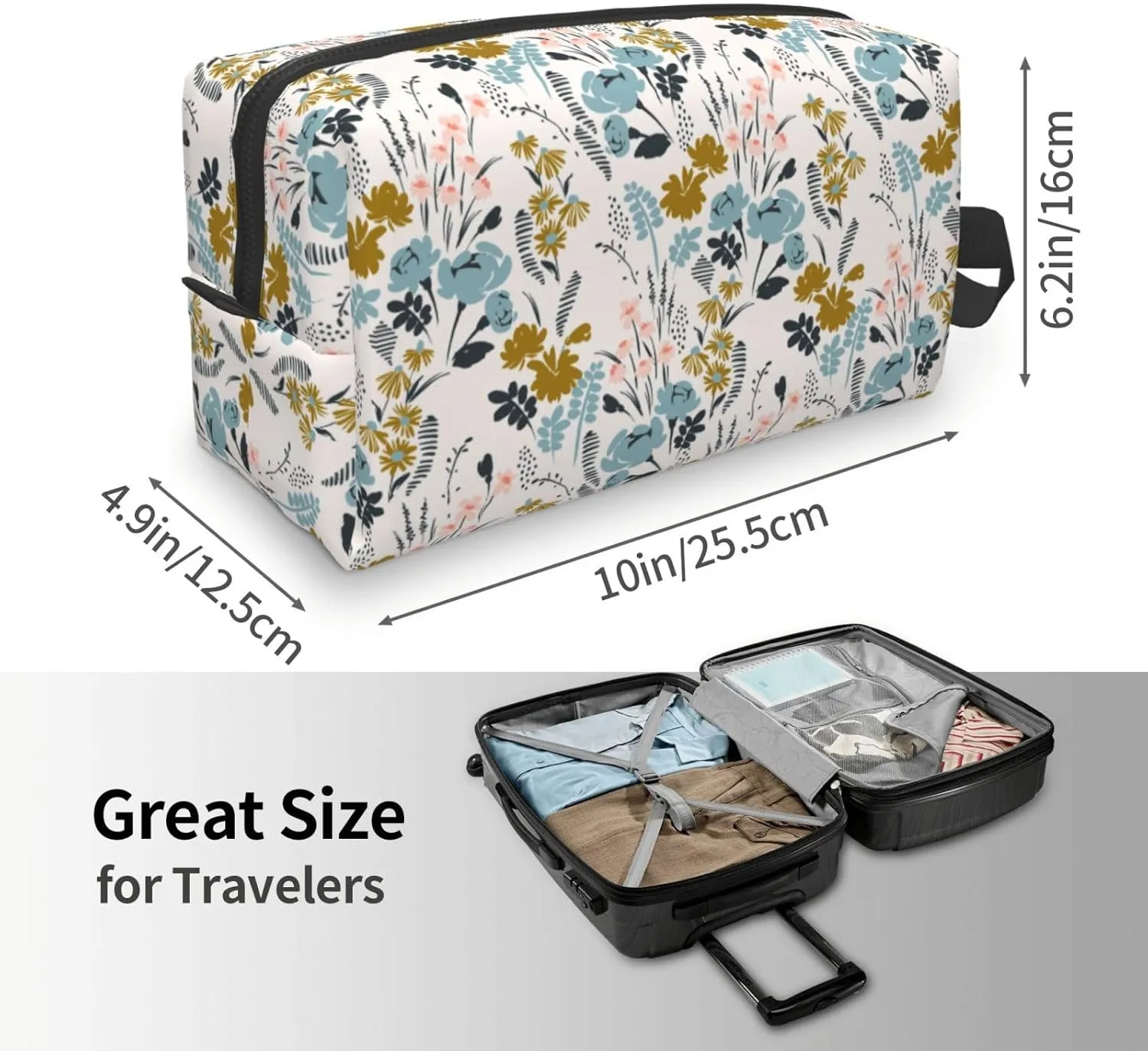 YISHOW Floral Pattern Travel Makeup Bag Women Cosmetic Bag Adorable Roomy Toiletry Bag With Zipper