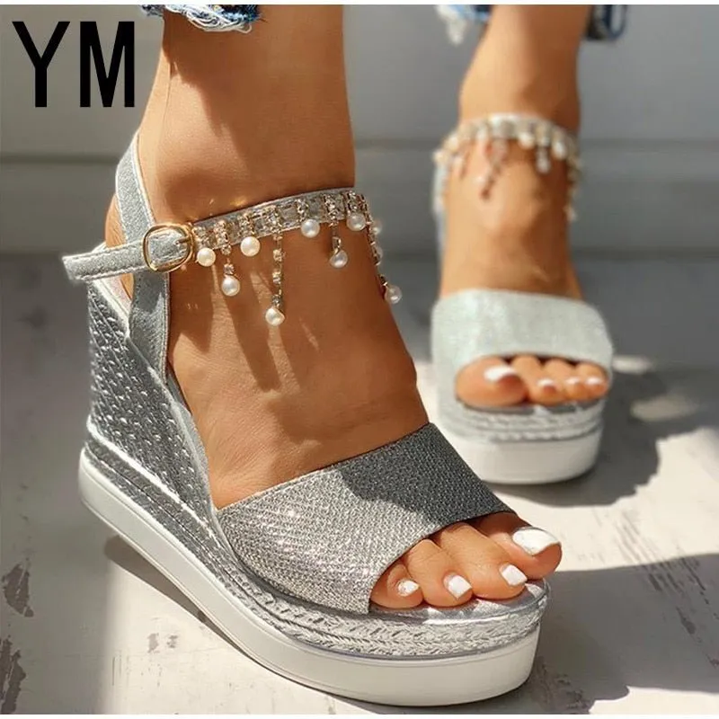 YM Wonderful Wedge Bead Studded Detail Platform Sandal Shoes