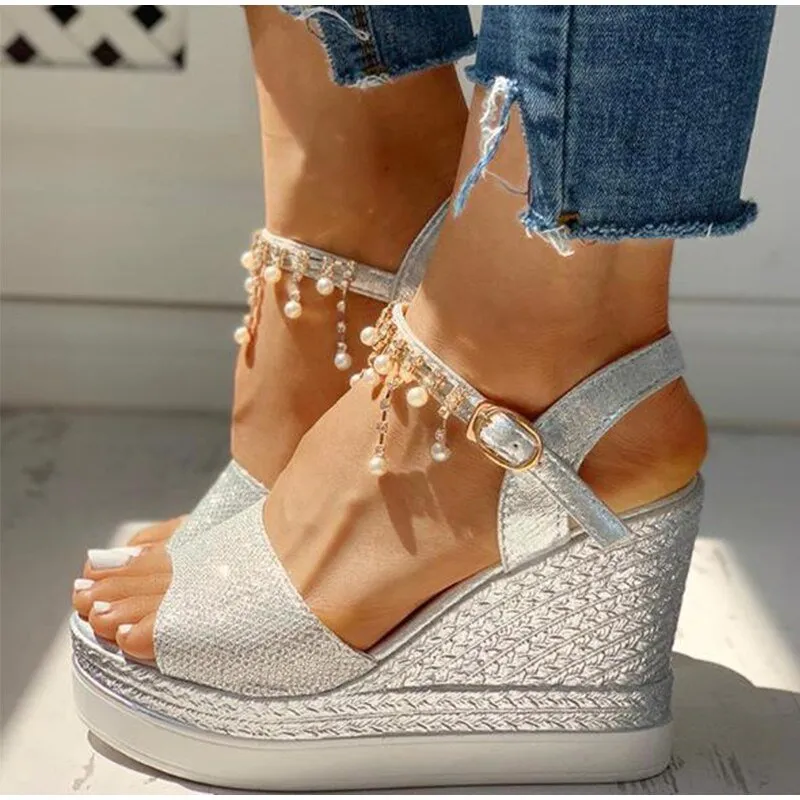 YM Wonderful Wedge Bead Studded Detail Platform Sandal Shoes