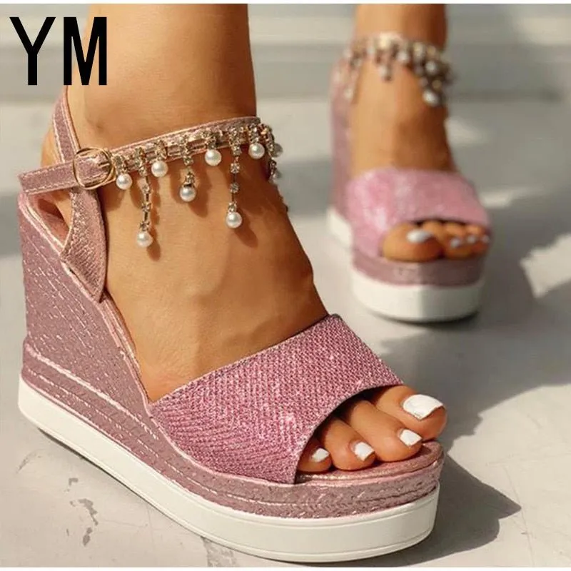 YM Wonderful Wedge Bead Studded Detail Platform Sandal Shoes