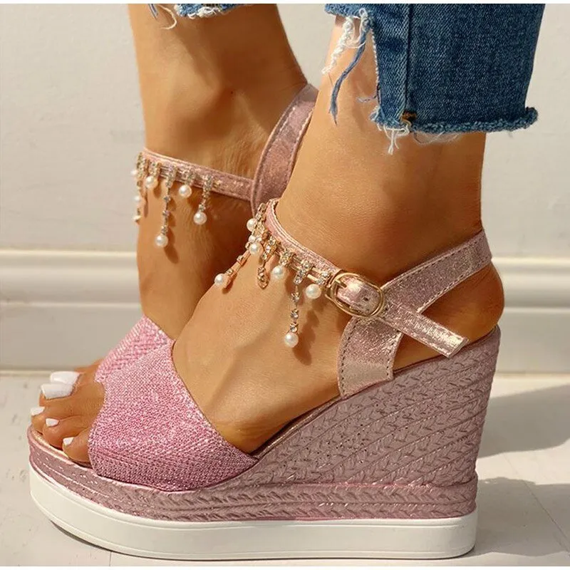YM Wonderful Wedge Bead Studded Detail Platform Sandal Shoes
