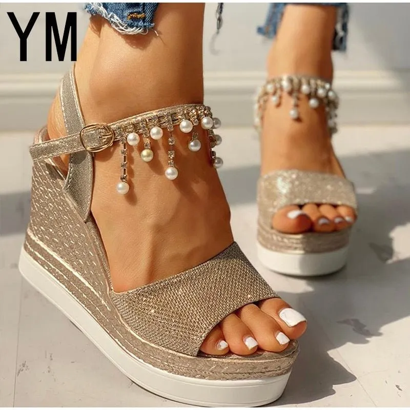 YM Wonderful Wedge Bead Studded Detail Platform Sandal Shoes