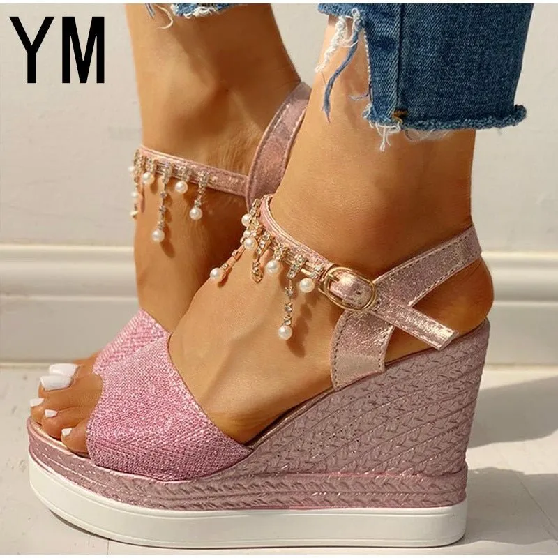 YM Wonderful Wedge Bead Studded Detail Platform Sandal Shoes