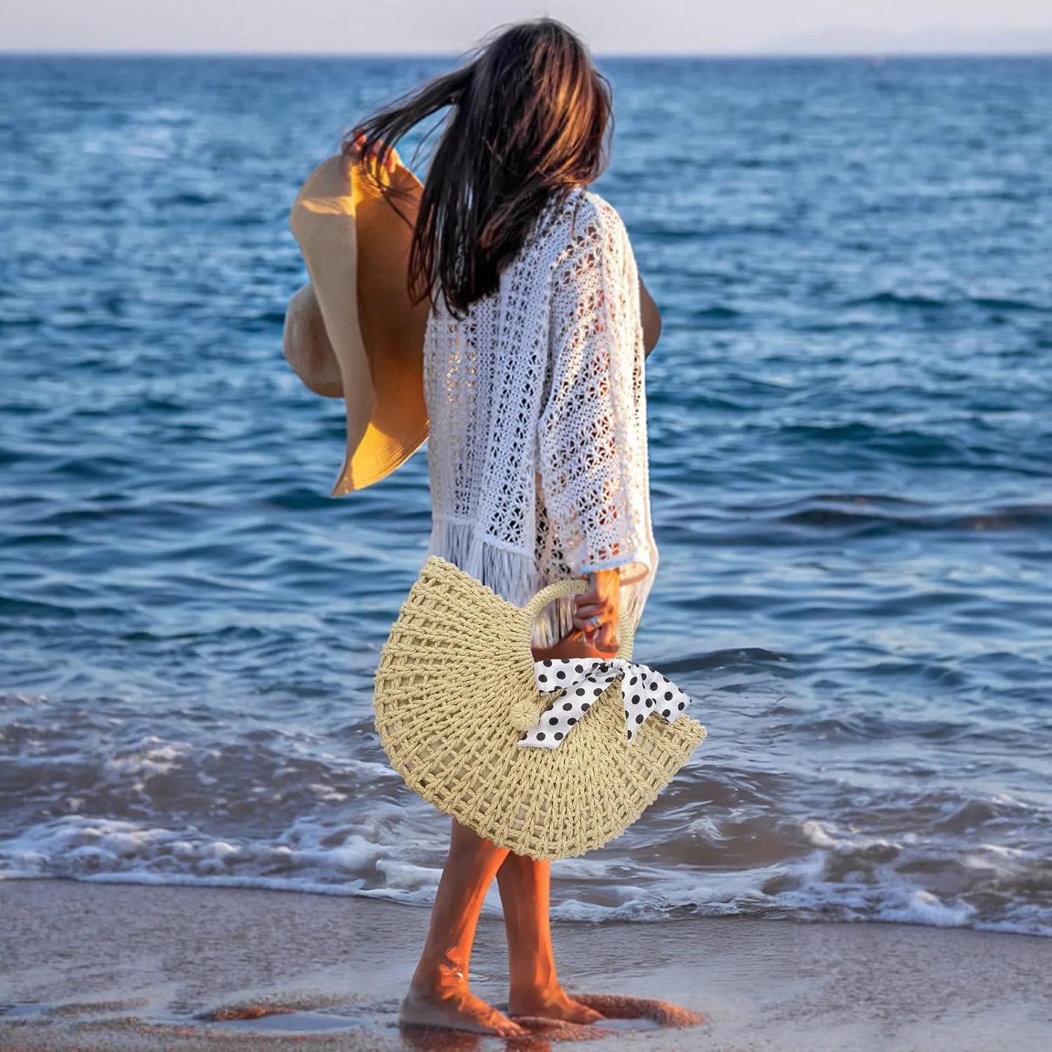 YYW Straw Bags for Women,Hand-woven Straw Top-handle Bag with Round Ring Handle Summer Beach Rattan Tote Handbag