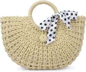 YYW Straw Bags for Women,Hand-woven Straw Top-handle Bag with Round Ring Handle Summer Beach Rattan Tote Handbag