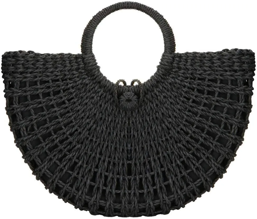 YYW Straw Bags for Women,Hand-woven Straw Top-handle Bag with Round Ring Handle Summer Beach Rattan Tote Handbag
