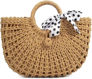 YYW Straw Bags for Women,Hand-woven Straw Top-handle Bag with Round Ring Handle Summer Beach Rattan Tote Handbag