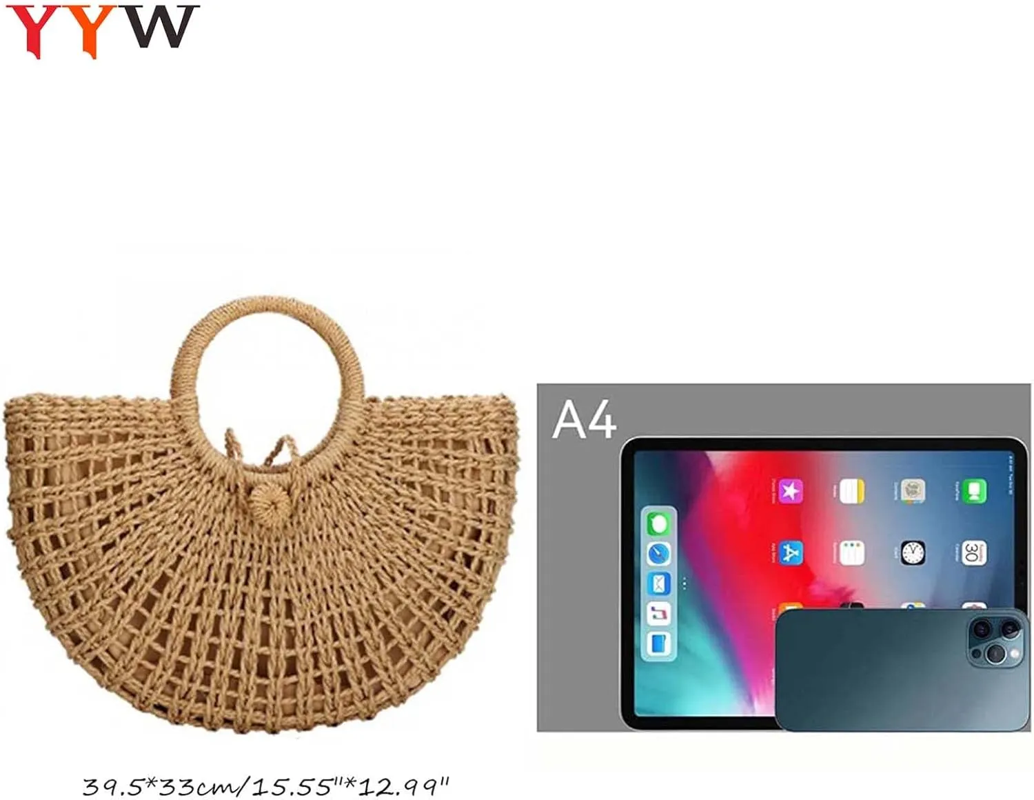YYW Straw Bags for Women,Hand-woven Straw Top-handle Bag with Round Ring Handle Summer Beach Rattan Tote Handbag