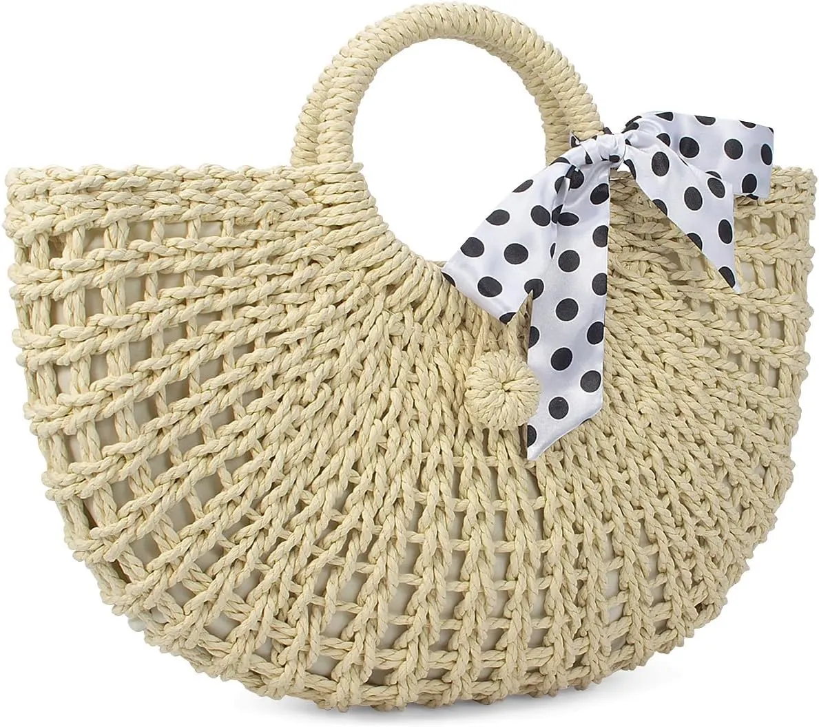 YYW Straw Bags for Women,Hand-woven Straw Top-handle Bag with Round Ring Handle Summer Beach Rattan Tote Handbag