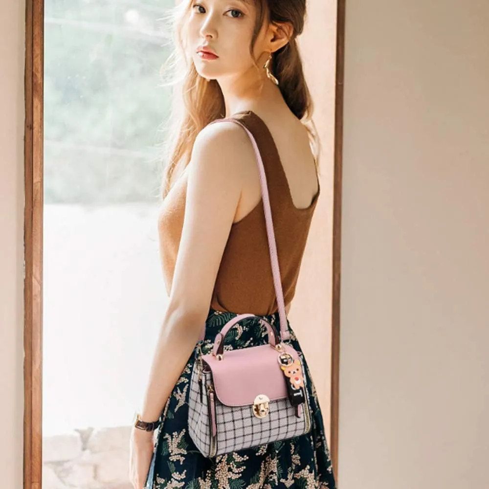 ZiMing Small Crossbody Bags for Women Flap Satchel Purse Faux Leather Plaid Shoulder Bag Top Handle Handbag Mini Sweet Totes